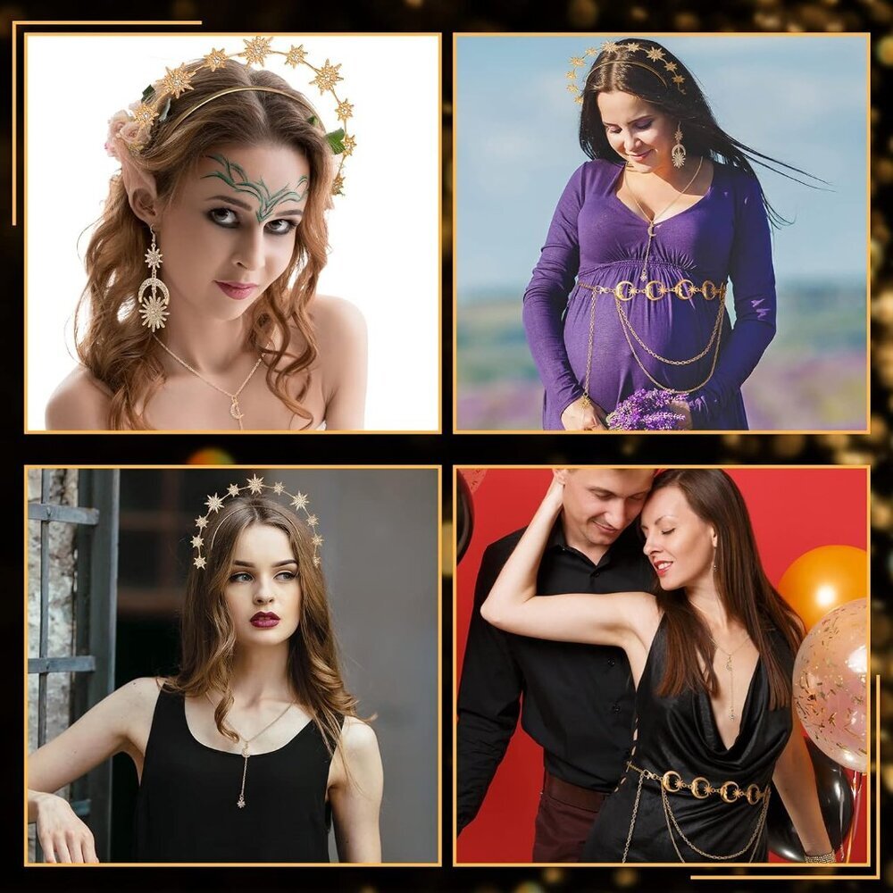 4 Pieces Halo Crown Moon Stars Necklaces and Body Chain Halo Tiaras Headband Hea - Picture 5 of 7